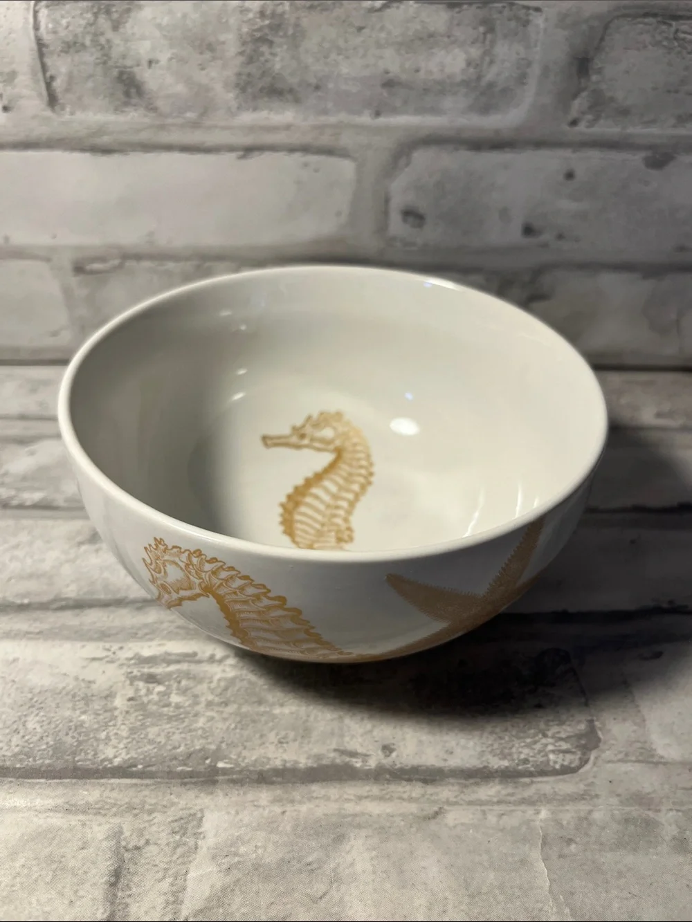 White Porcelain Bowl with Gold Seahorse Accent coastal life gold fine China 5.5